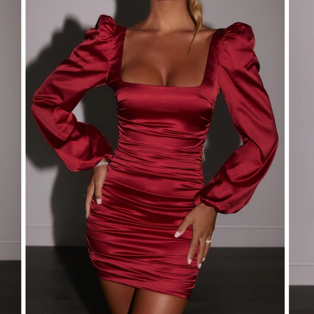 Oh Polly Ruched Puff Sleeve Satin Mini Dress 🥀